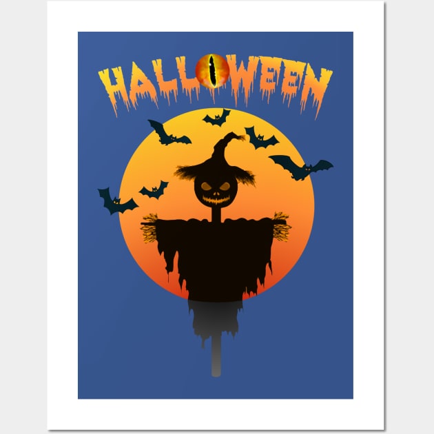 Halloween with Frightening Scarecrow and Flying Halloween Bats Wall Art by CharJens